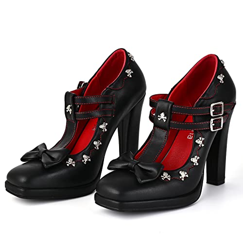 Women's Gothic T-Strap Mary Jane Block High Heel Pumps Platform Closed Toe Buckle Strap Skull Decoration Shoes with Bow3