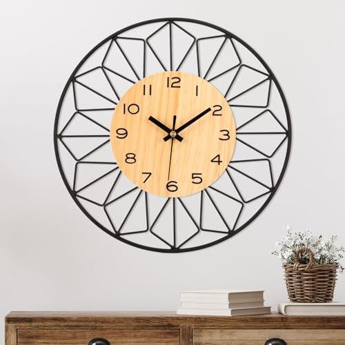 VIVILINEN Horloge Murale Géante en Bois et Métal 58cm Horloge Murale Silencieuse sans Tic-Tac Design Moderne pour Salon Chambre Cuisine Bureau Grande Pendule...