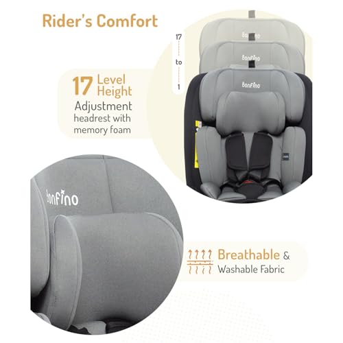 Image of Bonfino Premium Pro Shield Convertible Car Seat for Baby, 360 Degree Rotatable Seat, Memory Foam Headrest, ISOFIX System, Rear Facing Support, Newborn to Toddler, Safety Certified Design (Grey)