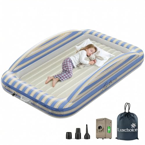 Luxchoice Toddler Travel Bed Kids Blow up Bed with Electric Air Pump and Raised Safety Edges Inflatable kids air bed Soft Flocked Surface Portable for Travel Sleepovers and Home Use