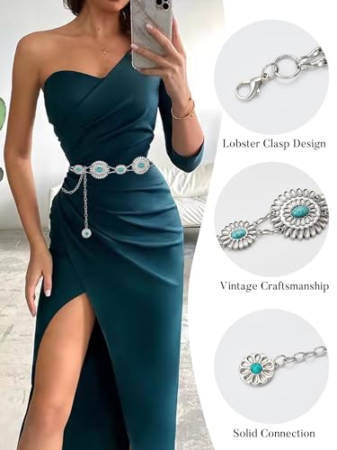 Image of FIORETTO Western Waist Chain Belt Metal Concho Belt for Women Cowgirl Cowboy Boho Country Belt for Dress Jean