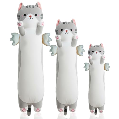 Image of Long Cat Plush Pillow, Cute Cat Stuffed Animal Body Pillow with Wings, Soft Kawaii Kitty Hugging Pillow, Christmas Valentine's Birthday Gift for Kids Girls Boys (Gray, 90cm /35.43in)