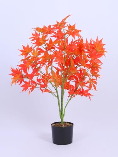 Image of ARICK DECOR 2.8Ft Artificial Japanese Maple Tree in Pot, Realistic Faux Autumn Orange Maple Plant, Peacock Shaped Floor Decor for Home, Office & Balcony