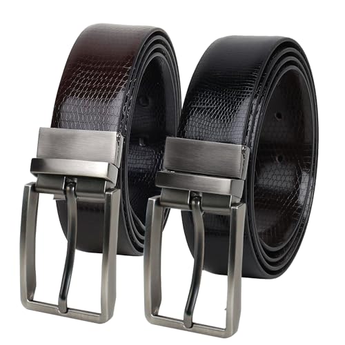 Image of CIMONI Reversible Leather Belt for Men | Genuine Leather & Vegan Leather Pin Buckle Belt | Classic Black /Brown Adjustable Belt for Formal, Business, Office & Casual Wear