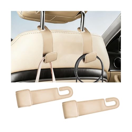Osilly 2PCS Car Seat Headrest Hook, Leather Stylish Vehicle Backseat Hanger Organizer for Purse Handbag Umbrella, Automotive Seat Back Hanging Storage Holder Hook, Universal for Vehicles (Beige)