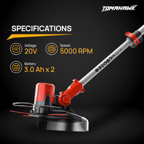 Image of Tomahawk PBC-4200 20V Cordless Brush Cutter, 100% Copper Motor, 3.0Ah x 2 Batteries, Digital Battery Indicator, Adjustable Length Shaft, 400mm Cutting Width | Weed Trimmer with Blade & Rope Attachment
