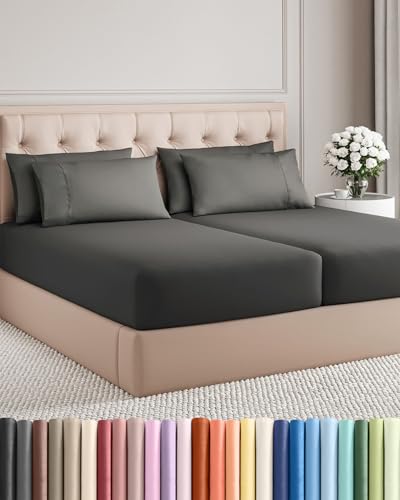 Image of Split King 7 Piece Bed Sheet Set - Comfy, Breathable & Cooling - Charcoal | Ultra-Soft Hotel Luxury Bedding Set w / 8-16 Inch Deep Pockets, 1 Flat & 2 Fitted Sheet & 4 Pillowcases, Wrinkle & Fade Free