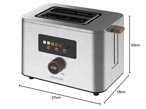 Cecotec Grille-Pain Vertical 2 Fentes Courtes Touch&Toast Double. 950 W, 2 Tranches de Pain, Fentes Extra-Larges de 3,8 cm, Écran Tactile et Bouton Numérique, Finitions en Acier Inoxydable