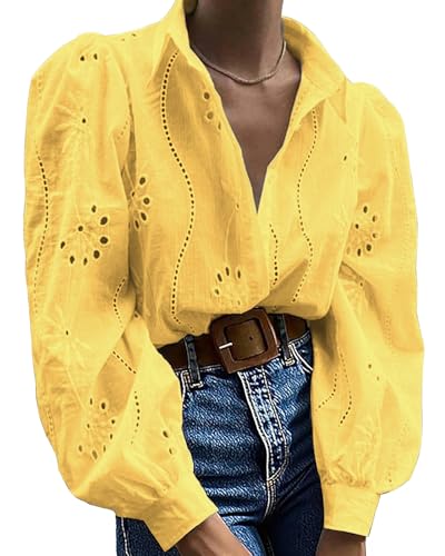Awemeal Damen Button-Down Bluse Oberteil Aushöhlen Bestickt Langarmshirt Hemdbluse Puff Langarm Shirt Top Elegant Einfarbig Blusenshirt Casual Lose Blusen Hemden (L, Gelb)