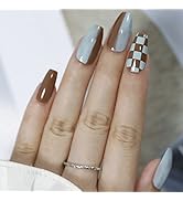 FURUBETA Press on Nails Medium Coffin French Fake Nails Full Cover Brown and Blue Grid Acrylic Na...