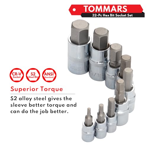 Image of TOMMARS 32-PC Master Allen Hex Bit Socket Set, SAE & Metric | 1 /4 inch, 3 /8 inch, 1 /2 inch Drive, 5 /64 - 3 /4 & H2 - H19, S2 Steel