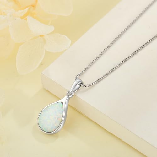 Opal Necklace for Women - 925 Sterling Silver October Birthstone Teardrop Pendant with 9x12mm Opal Gemstone, Adjustable Box Chain Jewelry Gif for Her3