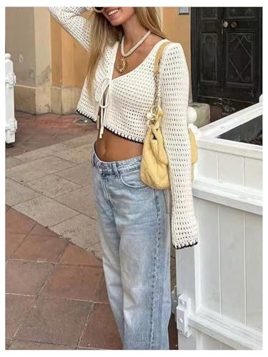 GORGLITTER Women's Tie Front Cropped Cardigan Sweaters Crochet Long Sleeve Dressy Festival Knit Top Short Cardigan2