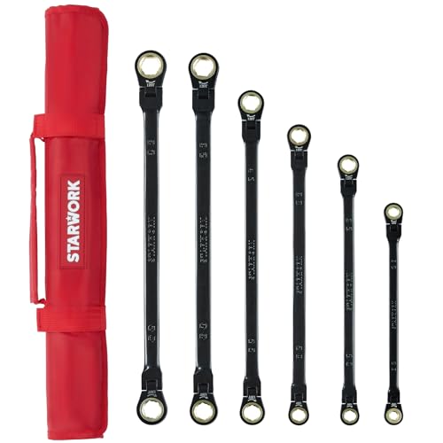 STARWORK True Mechanic™ 6-Piece 120T SAE&Metric, Flex-Head Double Box End, Extra Long Ratcheting Wrench Set, with Roll-Up Pouch Bag