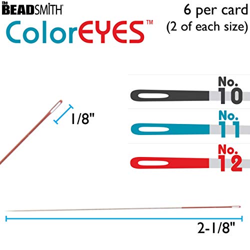 Jollybuy Coloreyes Beading Needles, 6Pc Assortment, 2 Ea - Size 10,11 & 12, Colored Tips For Easy Identification, Use For Loom Weaving Bead Work, Off-Loom Stitch & Jewelry Making W/Seed Beads #TOP3