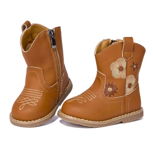 Image of Newsonet Baby Cowboy Cowgirl Boots Infant Western Boots Toddler Boys Girls Round Toe Riding Mid Calf Boots All Seasons for 6 9 12 18 24 Months
