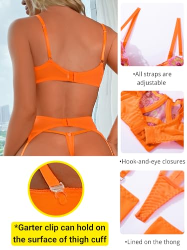 Kaei&Shi Floral Embroidered Garter Belt Set,Sheer Lingerie Sets for Women Sexy,Wedding Night Valentines Boudoir Outfits