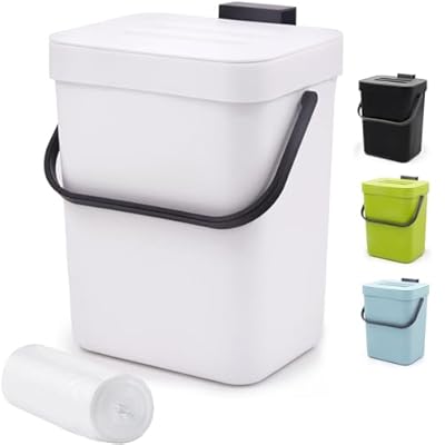 MONGTINGLU Indoor Compost Bin - 1.3 Gallons Hanging Small Trash Can with Lid for Kitchen Bathroom, Under Sink Kitchen Trash Can, Indoor Counter Compost Bucket with Lid, 5L(White)