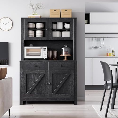 Image of IDEALHOUSE Modern Kitchen Pantry Cabinet, Microwave Storage Stand, Engineered Wood Food Organizer Cabinet with Multi Compartments, for Home Kitchen Dining Area, Black Wood Grain