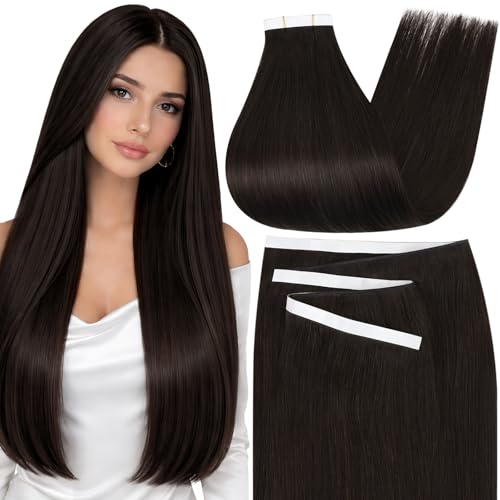 Image of Moresoo Genius Tape Weft Human Hair Dark Brown 20 Inch 75g 2Pcs | Skin weft tape in hair extensions, flat PU construction, flexible placement, deep brown tone for ponytails and event styling