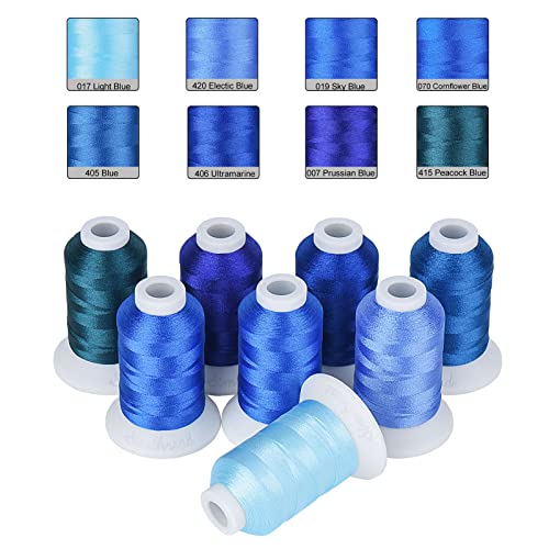 Image of Simthread 8 Shades 550Yds Each 40WT Polyester Embroidery Thread Blue Set | 8-shade blue set with 550Yds each offers smooth 40WT polyester thread for home and commercial embroidery machines.