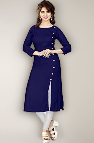 Plain Solid Rayon Casual Wear Front Slit Regular Kurtis Dress for Women with Wooden Button Pattern Blue