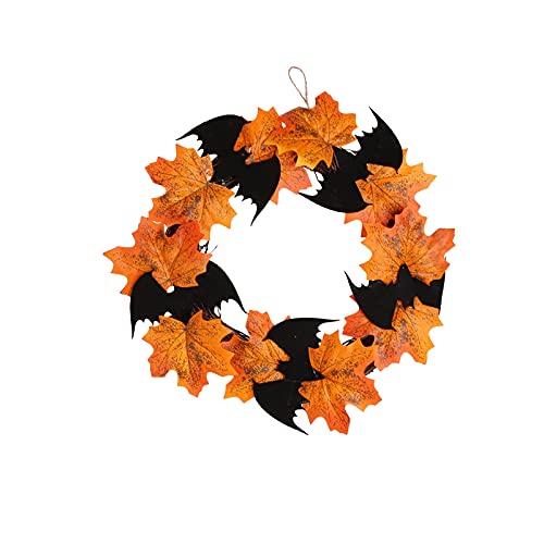 14" Small Fall Leaves & Bats Halloween Wreath for Front Door Home Decor (Orange) - image 1
