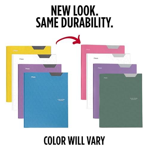 Image of Five Star 2-Pocket Plastic Folder with Stay-Put Tabs and Prong Fasteners, Holds 8.5 inch x 11 inch Paper, Assorted Colors, 4 Pack (340300B)