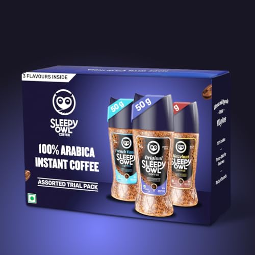 Image of Sleepy Owl Instant Coffee Powder Assorted Trial Pack of 3 Jars, 3 Flavours - Hazelnut, French Vanilla, Original, 100% Arabica Coffee Gift Hamper, Freeze-Dried for Freshness, Ready in Seconds, Have it Hot or Cold, Makes 75 Cups, 50g x 3 Jars Trial Coffee Combo Pack