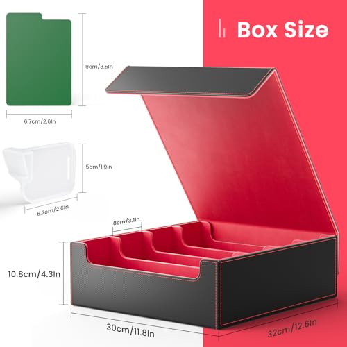 Flooyes Card Storage Box for Trading Cards with 4 Card Supporters, 3200+ MTG Deck Box with 24 Colorful Dividers, Commander Trading Card Storage Box with Viewing Windows for Magic Game Cards, Red