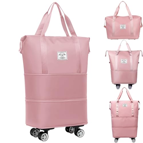 Bolsa de lona con ruedas, expandible, plegable, con ruedas y asa para viajes, bolsa de equipaje con ruedas, bolsa de lona desmontable, bolsa de viaje grande para fin de semana (rosa), Pink, Bolsa de