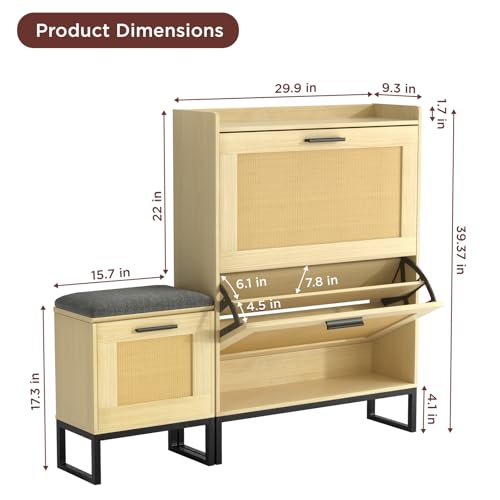 Image of Maupvit Shoe Cabinet Storage for Entryway with Bench, Natural Oak Rattan Narrow Shoe Cabinet with 2 Flip Drawers, Wooden L-Shaped Shoe Rack Slim Shoes Storage Organizer for Hallway, Entrance