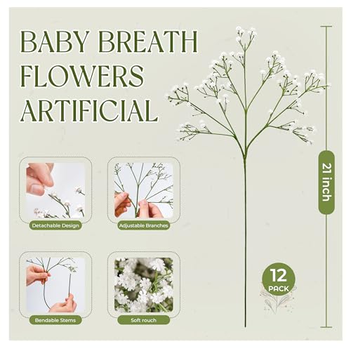 Der Rose 12Pcs Babys Breath Artificial Flowers White Fake Babies Breath Gypsophila Bulk Real Touch Faux Baby's Breath Flowers DIY for Wedding Centerpieces Floral Arrangements Home  image 6