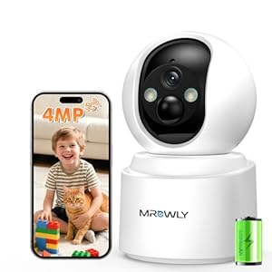 Mrowly Überwachungskamera Innen Akku, 2, 5K/4MP WLAN Indoor Kamera Schwenkbar mit akku, 2, 4/5GHz WiFi, Farb-Nachtsicht, Bewegungserkennung, Zwei-Wege-Audio, für Baby/Haustiere/Zuhause
