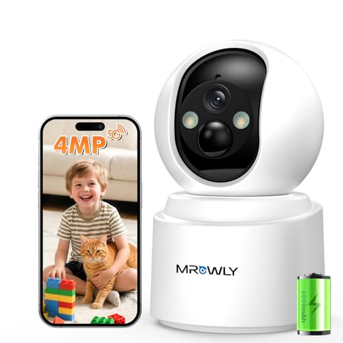 Mrowly Überwachungskamera Innen Akku, 2,5K/4MP WLAN Indoor Kamera Schwenkbar mit akku, 2,4/5GHz WiFi, Farb-Nachtsicht, Bewegungserkennung, Zwei-Wege-Audio, für Baby/Haustiere/Zuhause