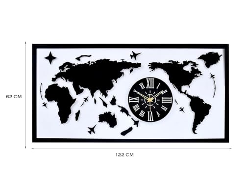 Image of METSY World map with Clock wall Hanging Metal Art Black and White Light for Office Restaurant World Map Metal Wall Decor Art 3D Home Office Bedroom Living Room Outdoor (Black & White) 62x122 cm