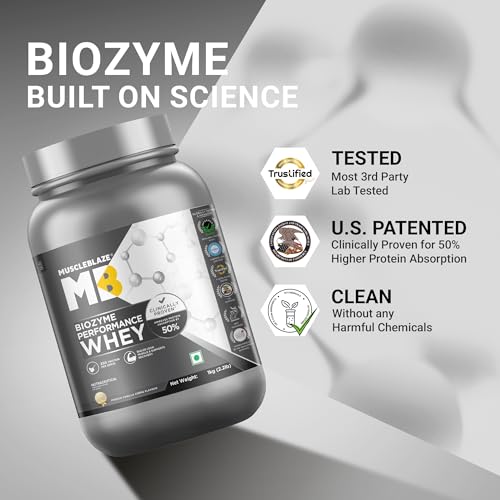 Image of MuscleBlaze Biozyme Performance Whey Protein Powder, French Vanilla Creme (1kg / 2.2lbs) | 25g Protein Per Scoop | Clinically Tested 50% Higher Protein Absorption