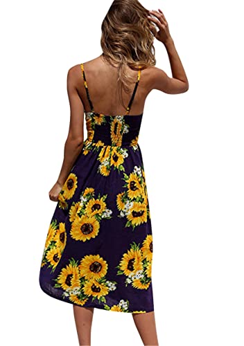 Image of YMING Womens Summer Spaghetti Strap Dresses Button Down Floral Sundress High Waist Swing Midi Dress with Pockets