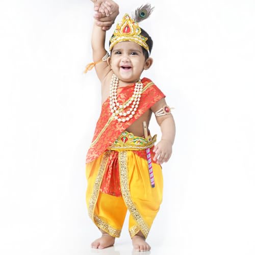 Image of ITSMYCOSTUME Krishna Dress for Baby Boy Kids Set of 10(Dhoti,Hip Cover,Patka,Mukut,Morpankh,Bansuri,Kamarband,Bajuband,Kundal) Little Krishna Ji Kanha Janmasthmi Costume