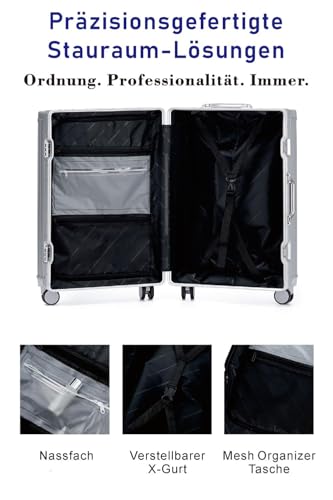 yuweijie Alu-Rahmen Handgepäck Koffer mit 4 Rollen · Hartschalen in 100% PC mit Getränkehalter · Reisekoffer TSA Schloss · Trolley für Geschäftsreisen · Silber · S-55cm