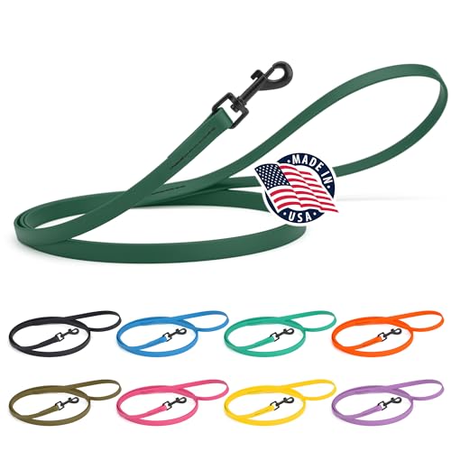 Dogline Biothane Waterproof Dog Leash Strong Coated Nylon Webbing with Black Hardware Odor-Proof Easy to Clean High Performance for Small or Large Dogs Made in USA 4 or 6 ft Lead Hunter Green