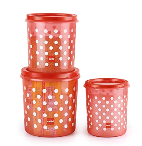 Cello Hi Fresh Safe Plastic Medium Container, 3 PC (Capacity – 5ltrs, 7ltrs & 10ltrs), Red For Rs. 394 @ 47 %