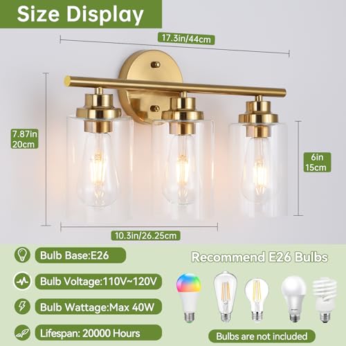 Image of 3-Light Bathroom Light Fixtures, Gold Modern Vanity Light with Clear Glass Shade, Bathroom Lighting Fixtures Over Mirror, Bathroom Wall Lamp for Mirror Living Room Bedroom Kitchen Hallway