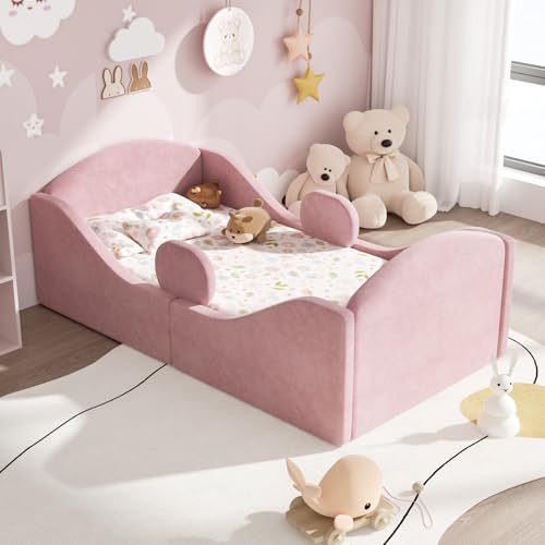 whiffee Toddler Bed, Certified Toddler Floor Bed with Removable Safety Rails, Standard Crib Size Ultra Soft Upholstered Kids Transition Bed for Girl Boy (Mattress Not Include) (Pink)