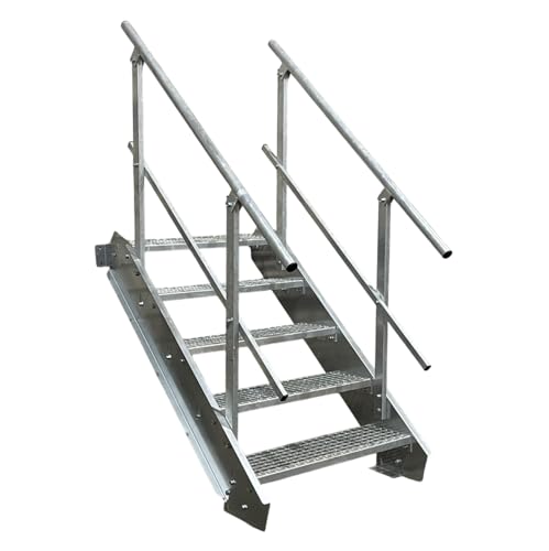 5 Stufen Stahltreppe mit beidseitigem Geländer/Breite 100 cm Geschosshöhe 70-105cm / Robuste Außentreppe/Wangentreppe/Stabile Industrietreppe für den Außenbereich/Inklusive Zubehör