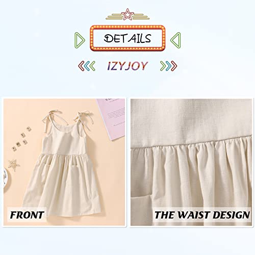 IZYJOY Toddler Baby Girl Summer Cotton Linen White Dresses Bow Straps Sleeveless with Pockets Little Girls Beach Sundress3