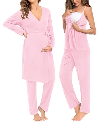 Image of SWOMOG Maternity Nursing Robe Set 3 Piece Breastfeeding Pajamas 3 in 1 Labor Delivery Sleevless Tops&Long Pants Pregnancy Pjs