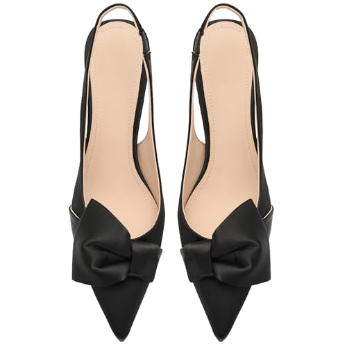 Image of Women's Slingback Heels with Bow Pointed Toe Pumps with Elasticated Strap 3.3 inch High Heels for Evening Dress Shoes