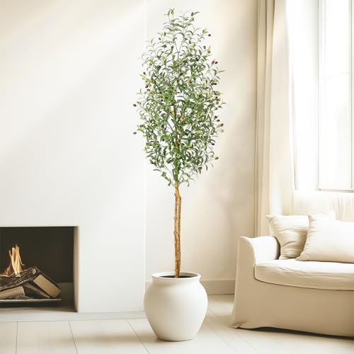 GarveeHome Faux Olive Tree 7ft,Tall Artificial Tree Indoor with 2 Natural Wood Trunks, Fake Plants Potted in White Planter, Floor Plants for Living Room House Decor,2PCS