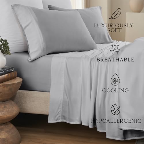 Image of KARISSA MAE Bamboo Viscose 34 inch Split Top King Size Sheet Set, FSC Certified | Single 34 inch Split Fitted Sheet | Sleep Number & Adjustable Bed | Cooling | 18 inch Deep Pocket w / Corner Straps [Grey Mist]